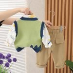 Boys' Suit Cute Long Sleeve Shirt Boys' Sweater Three-piece Set - Image 5