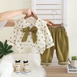 Baby Girls 2-Piece Outfit Stylish Polka Dot Bow Blouse Comfort Pant - Image 6