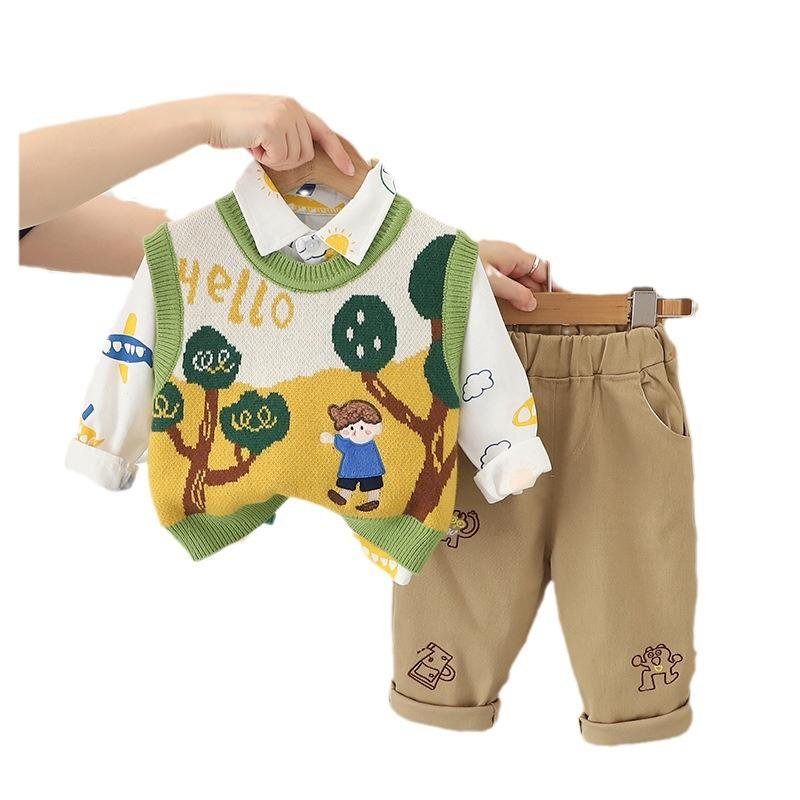 H99d6ab090be54b0caf0fd70f711757abq Boys' Suit Cute Long Sleeve Shirt Boys' Sweater Three-piece Set - Image 1