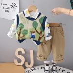 Boys' Suit Cute Long Sleeve Shirt Boys' Sweater Three-piece Set - Image 7