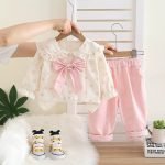 Baby Girls 2-Piece Outfit Stylish Polka Dot Bow Blouse Comfort Pant - Image 3